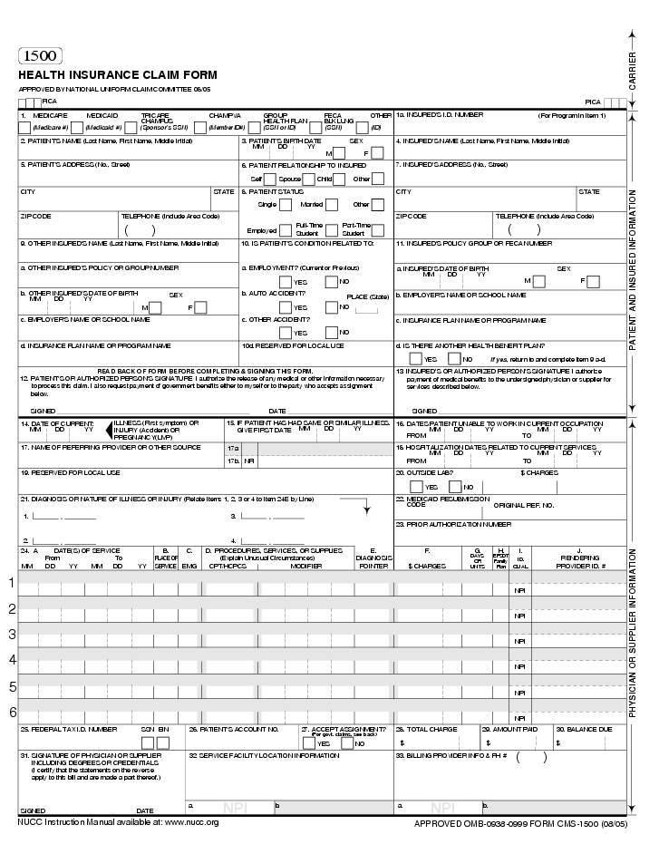 Free Printable 1500 Medical Claim Form