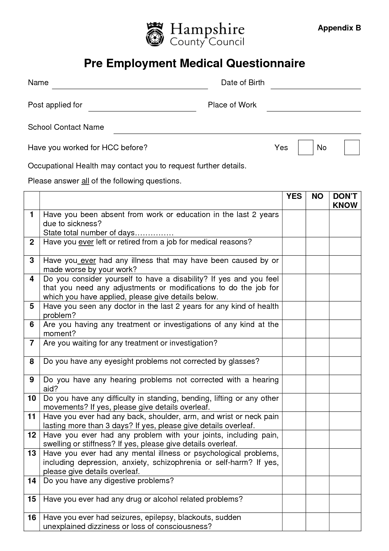 Pre Employment Medical Form Template Templates Free Printable
