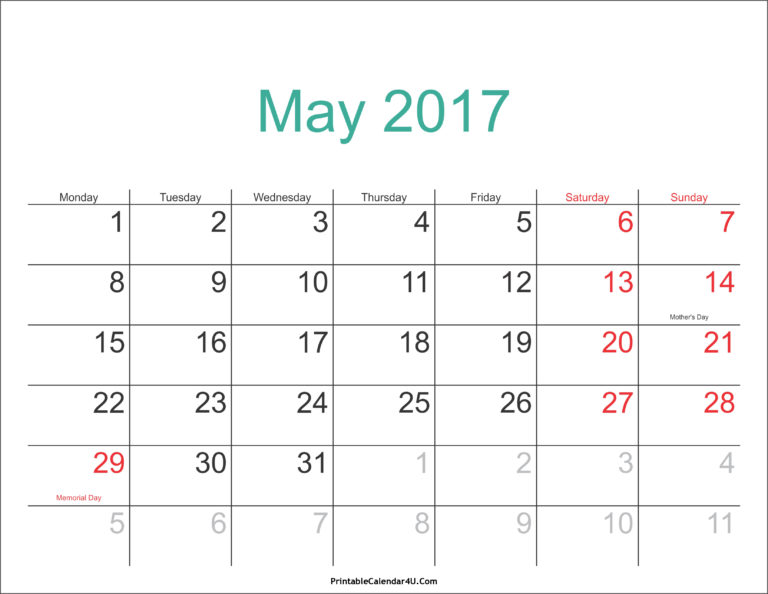 May 2017 Calendar With Holidays templates free printable