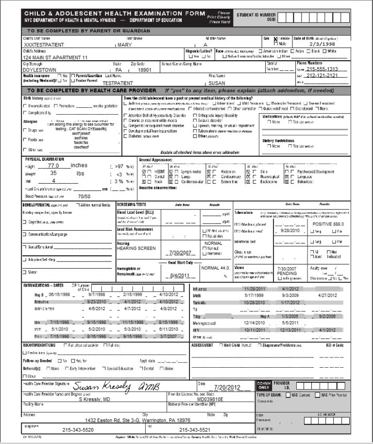 Medical Form For School | templates free printable