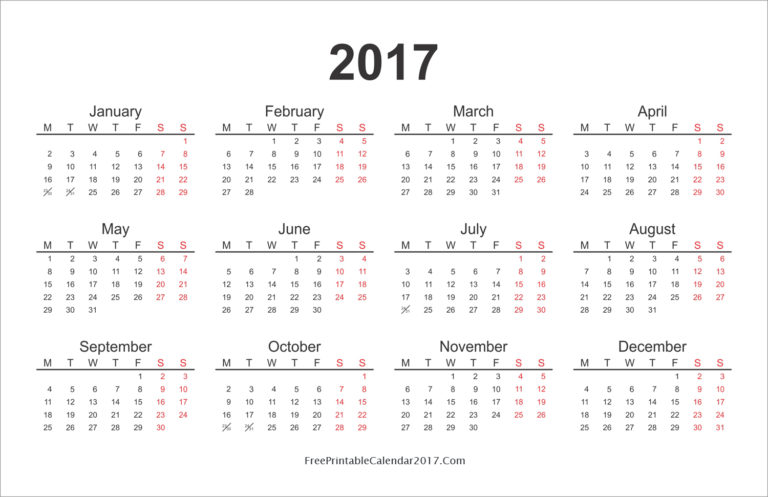 Yearly Calendar 2017 Printable 